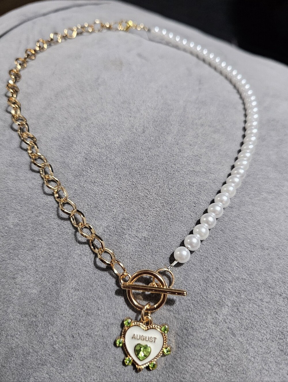 Gold and White Pearl Heart Pendant Necklace - August Birthstone